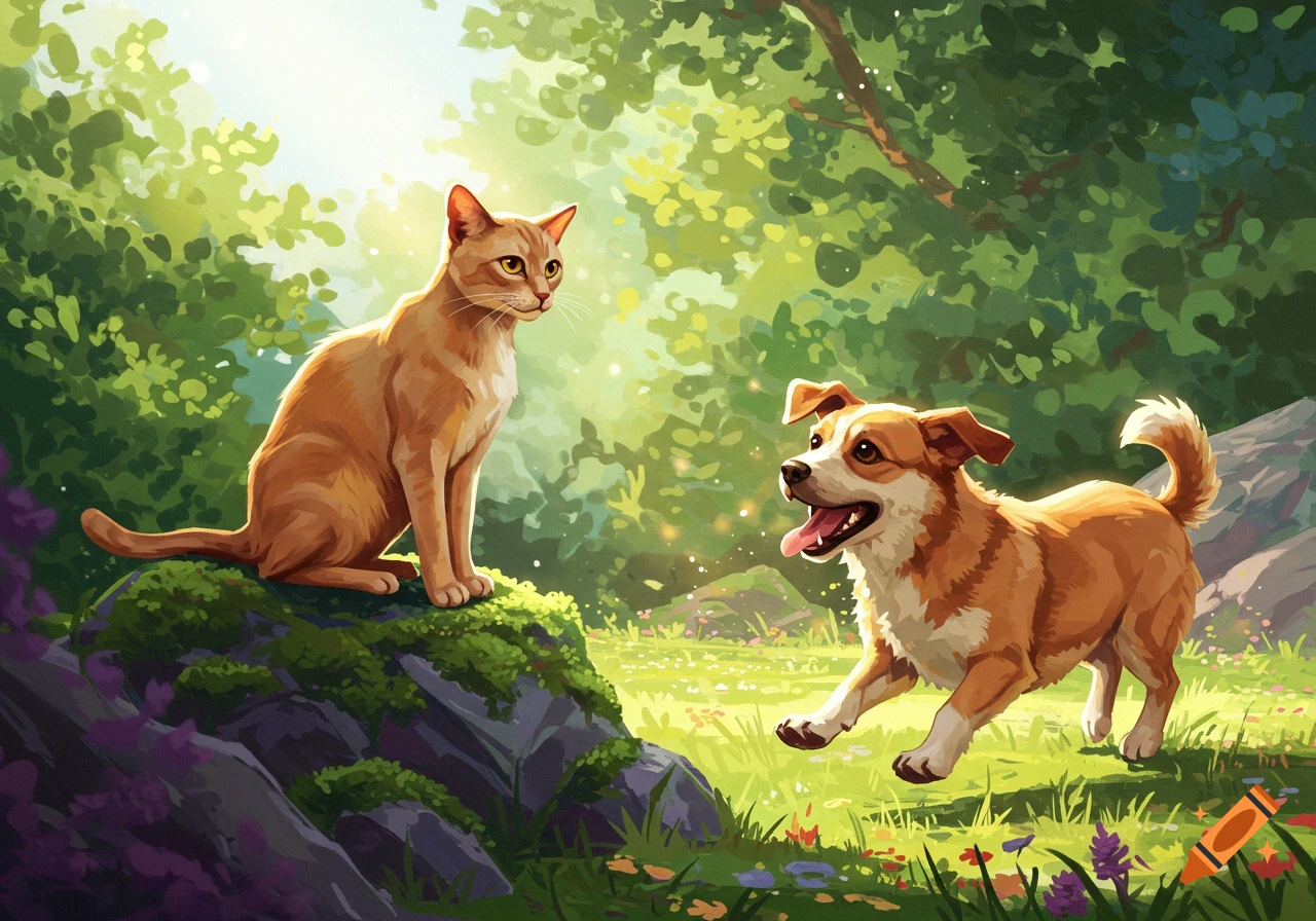 A vibrant digital painting of an orange cat sitting on a mossy rock and a happy brown and white dog running towards it in a sunny forest.
