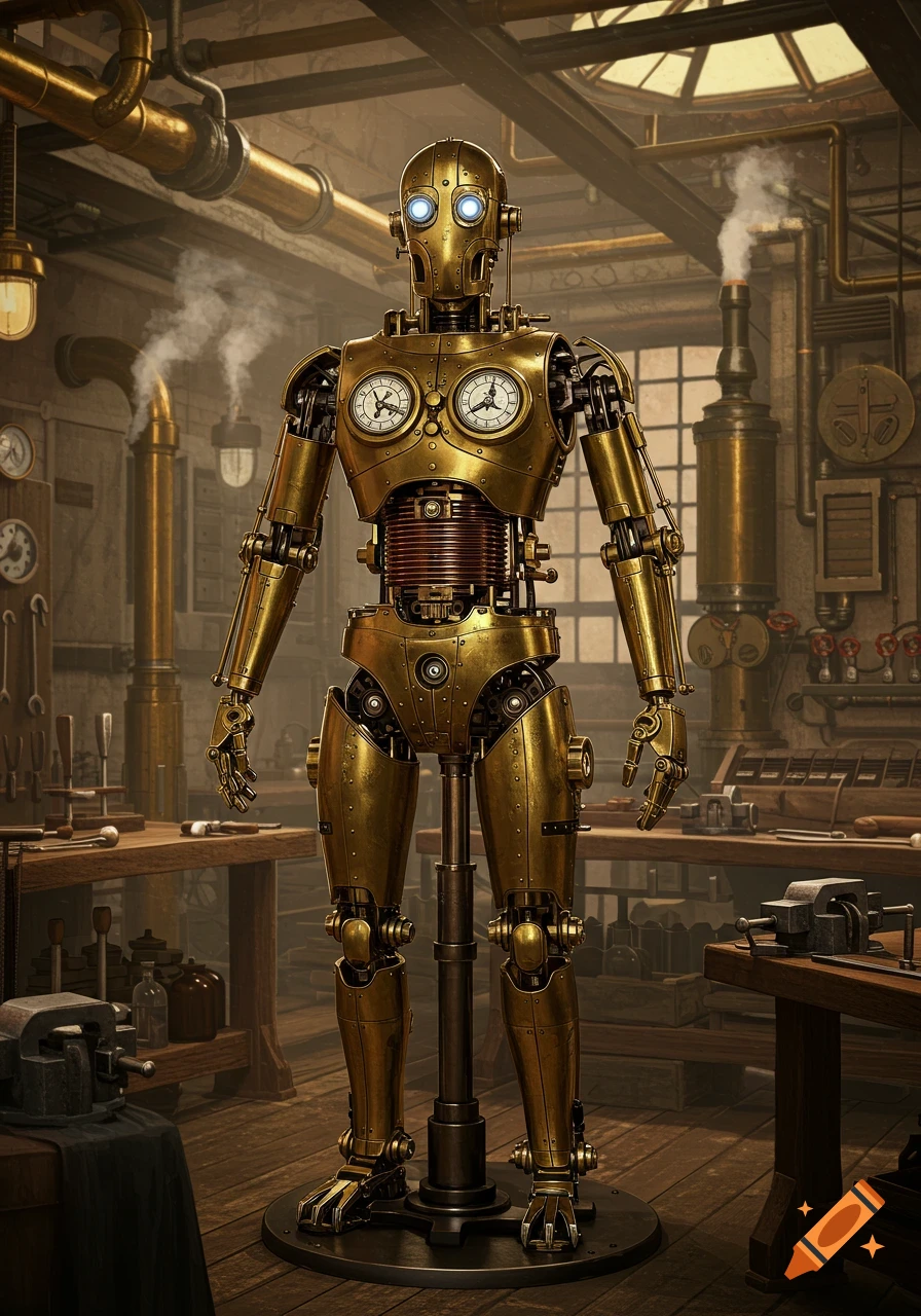 A golden steampunk clockwork robot stands on a stand in a detailed vintage workshop with tools and machinery.