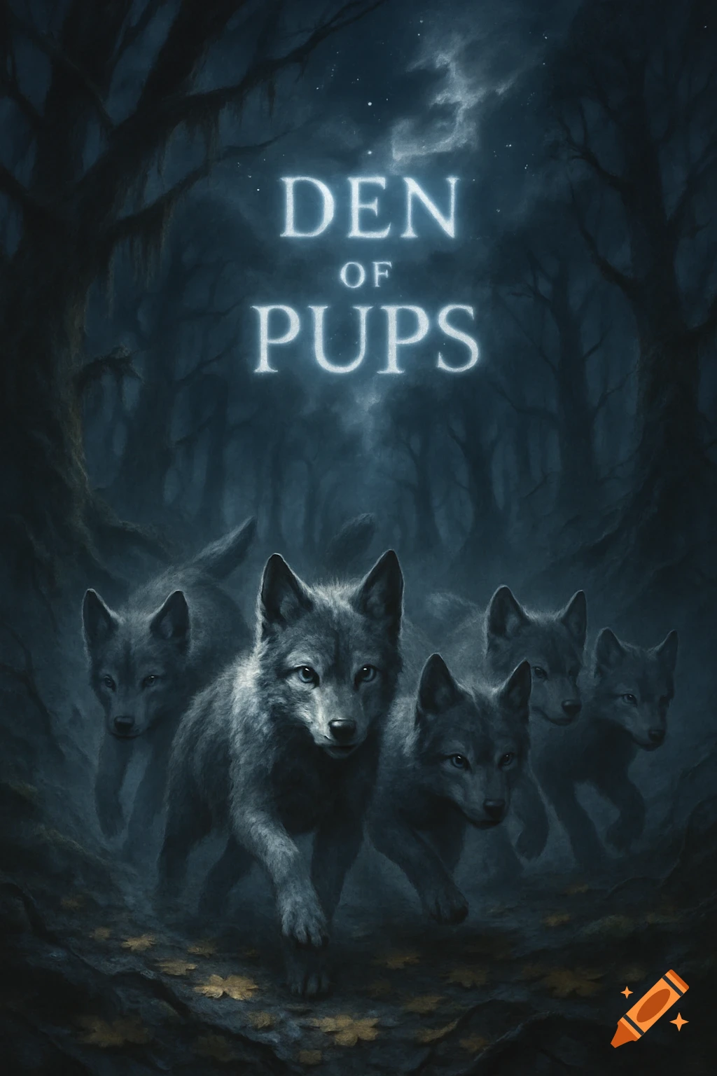A group of wolf pups with glowing eyes emerge from a dark, moonlit forest, with the words "DEN OF PUPS" illuminated above them.