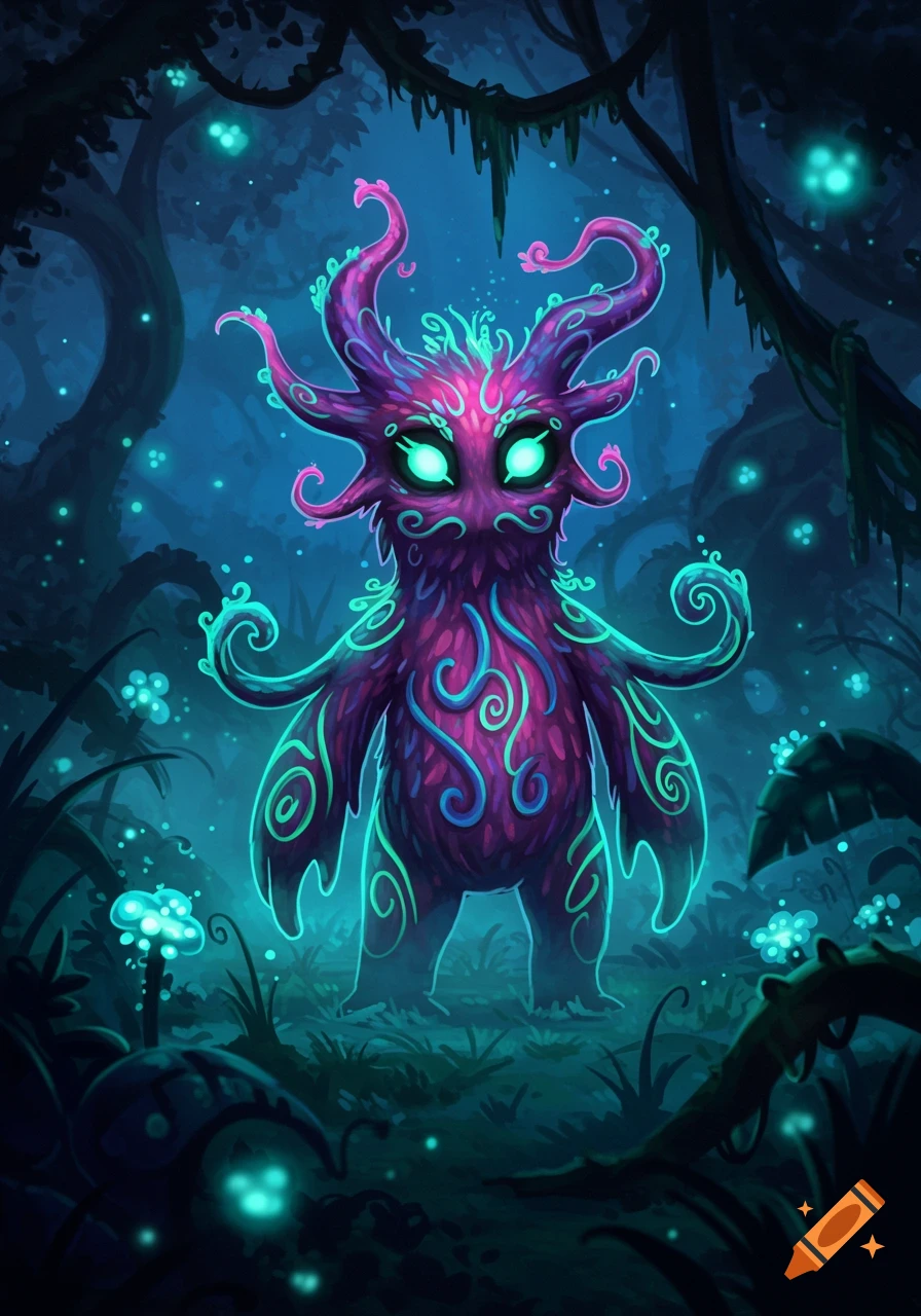 A glowing purple and teal fantasy monster with tendril-like horns and bright eyes stands in a dark, magical forest with luminescent plants.