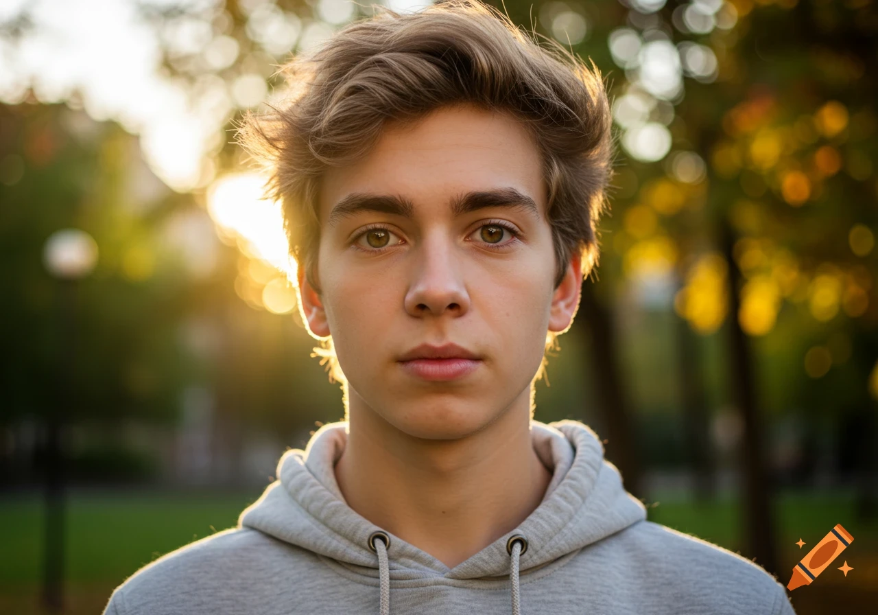 A close-up portrait of a young man with messy brown hair and hazel eyes, backlit by the setting sun outdoors.