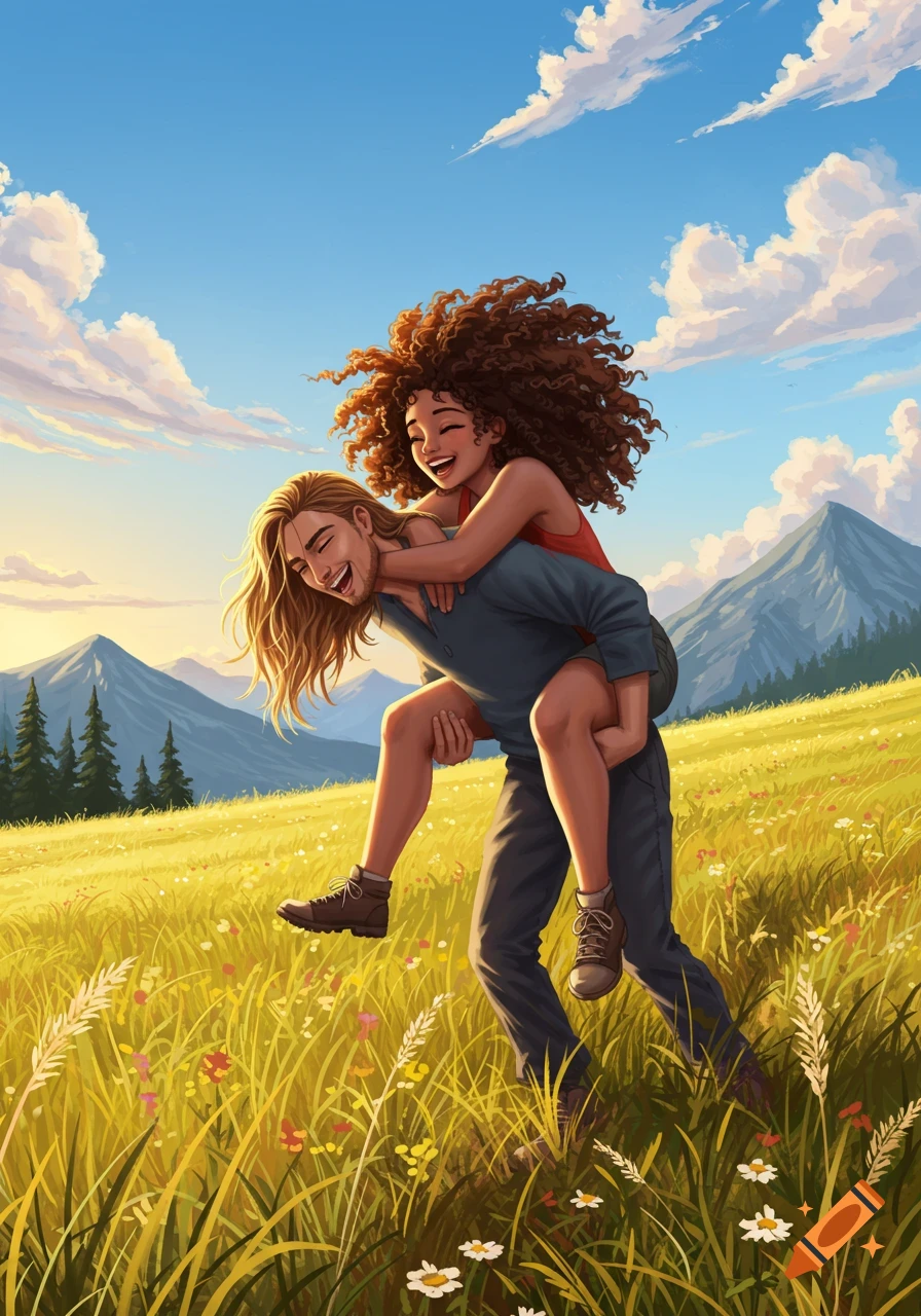An illustrated image of a man carrying a woman piggyback in a sunny grassy field with mountains in the background.