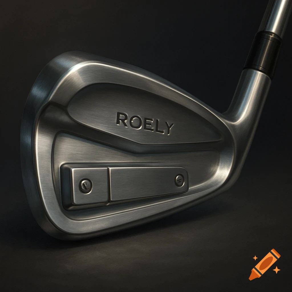 A close-up, photorealistic view of a brushed metal golf iron with the word 'ROELY' engraved on its back.