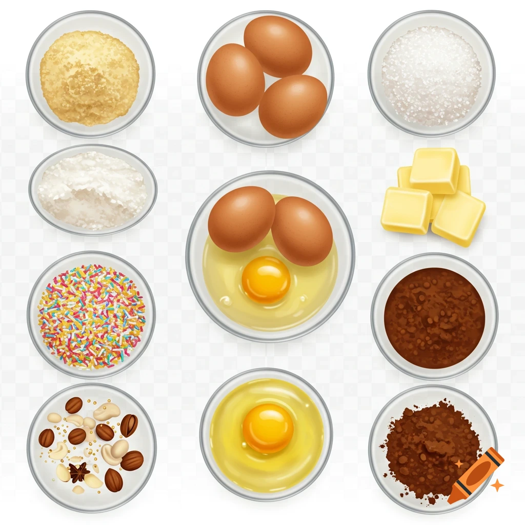 Overhead view of various baking ingredients in clear bowls, including eggs, flour, sugar, sprinkles, cocoa powder, butter, and nuts on a transparent background.