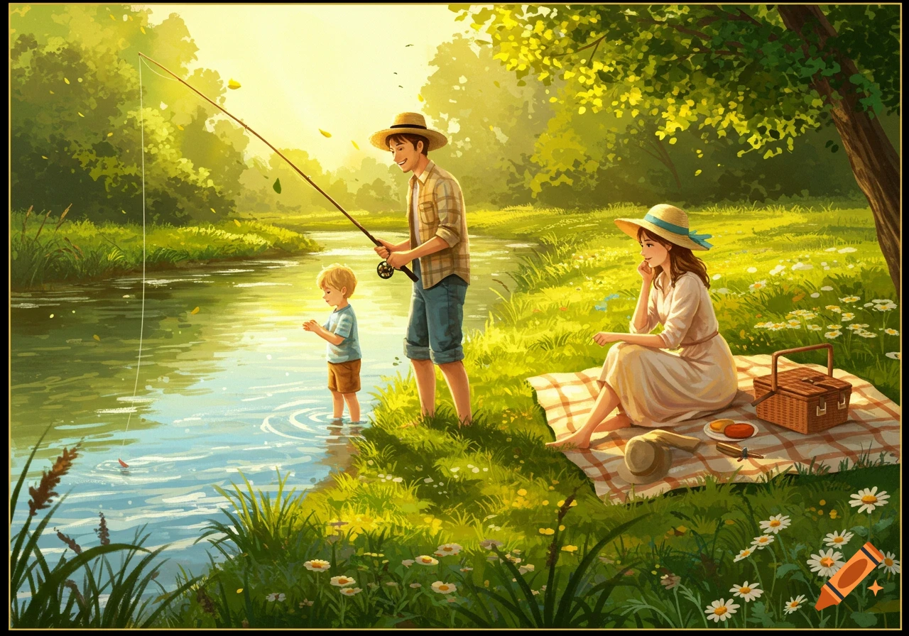 An illustrative image of a family fishing by a river on a sunny day, with a picnic nearby.