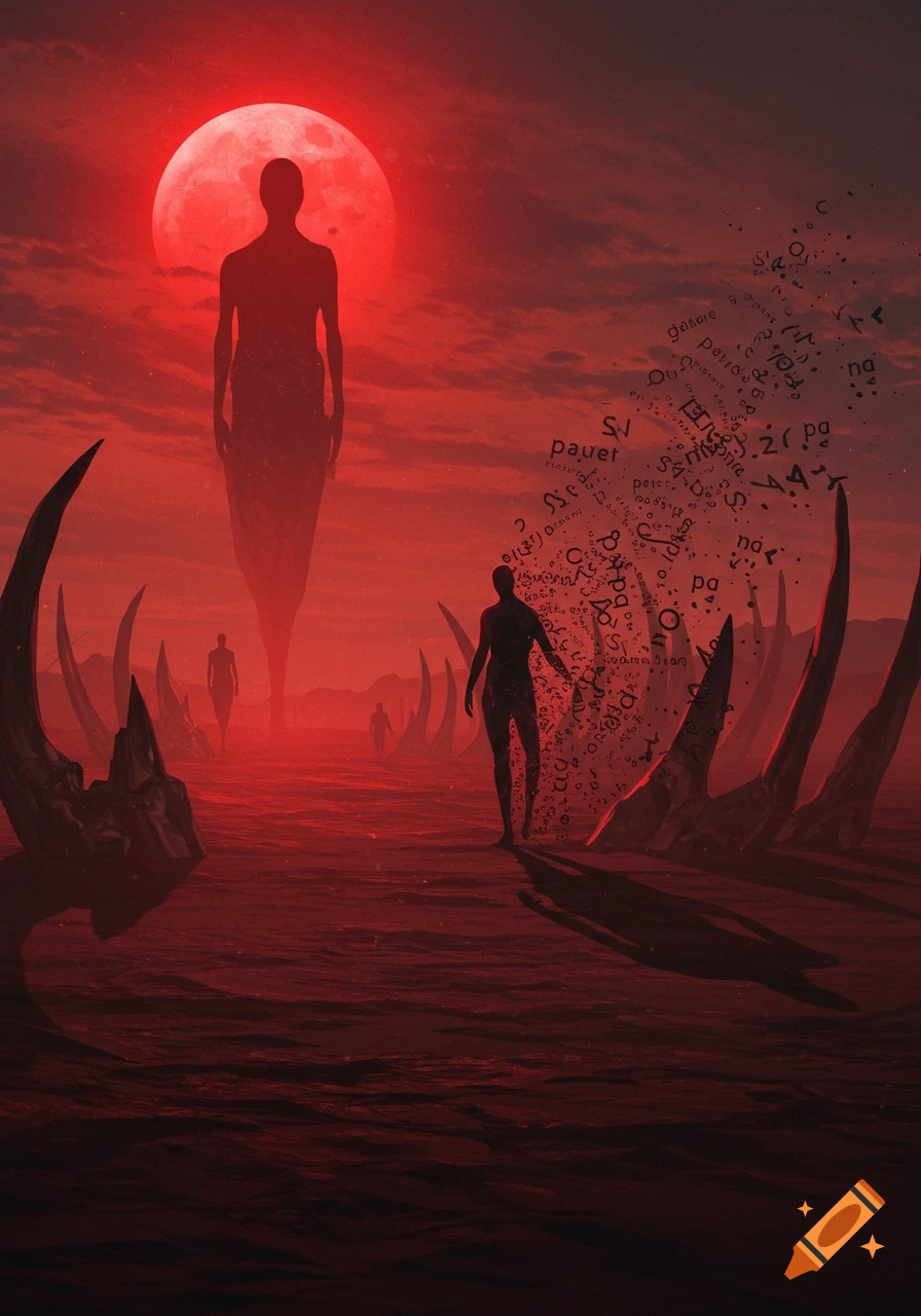 Silhouetted figures on a red alien landscape under a giant red moon. One figure disintegrates into scattered characters, a surreal digital painting.