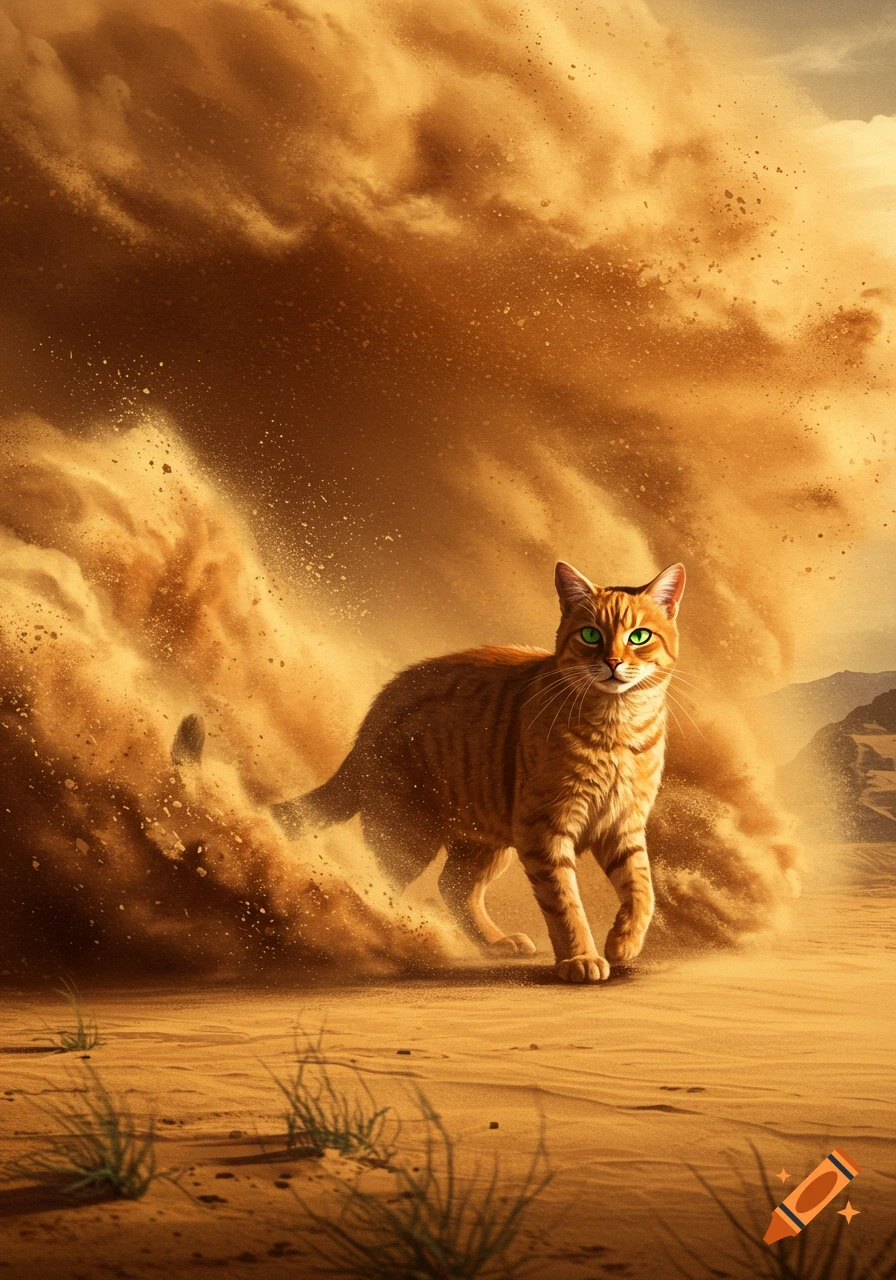 An orange tabby cat with green eyes walks through a sandstorm in a desert.