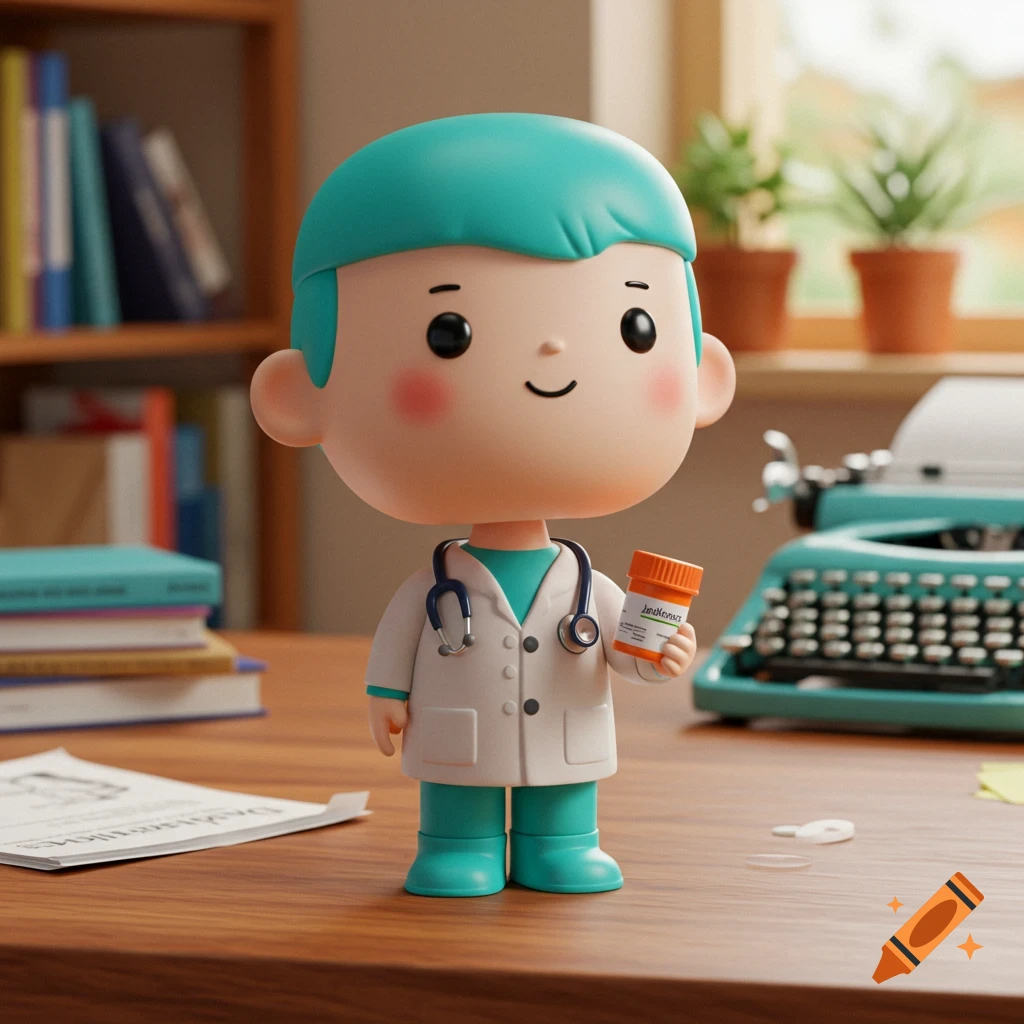 A cute, cartoon doctor figurine with teal hair and a stethoscope holds an orange pill bottle on a wooden desk, with books and a typewriter in the background.