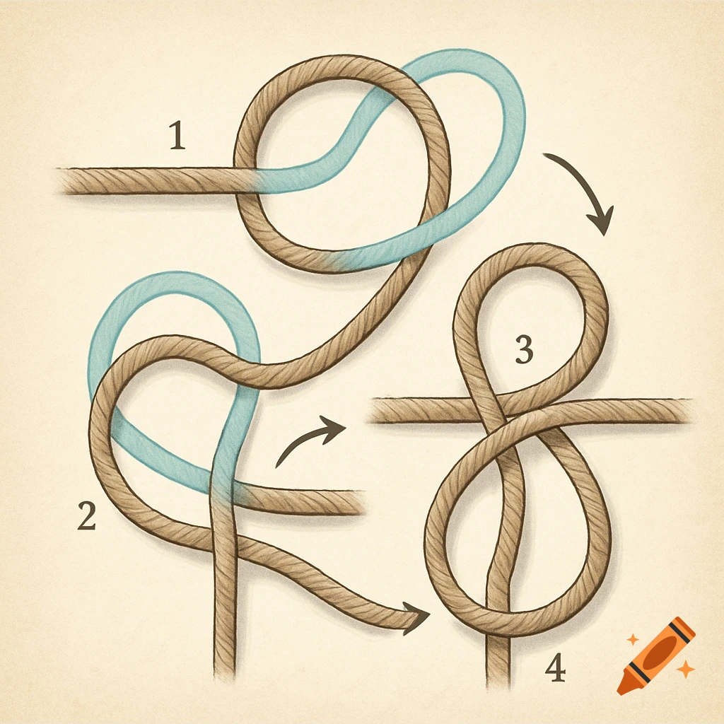 A step-by-step diagram illustrating how to tie a knot, with numbered sections showing brown and blue ropes.