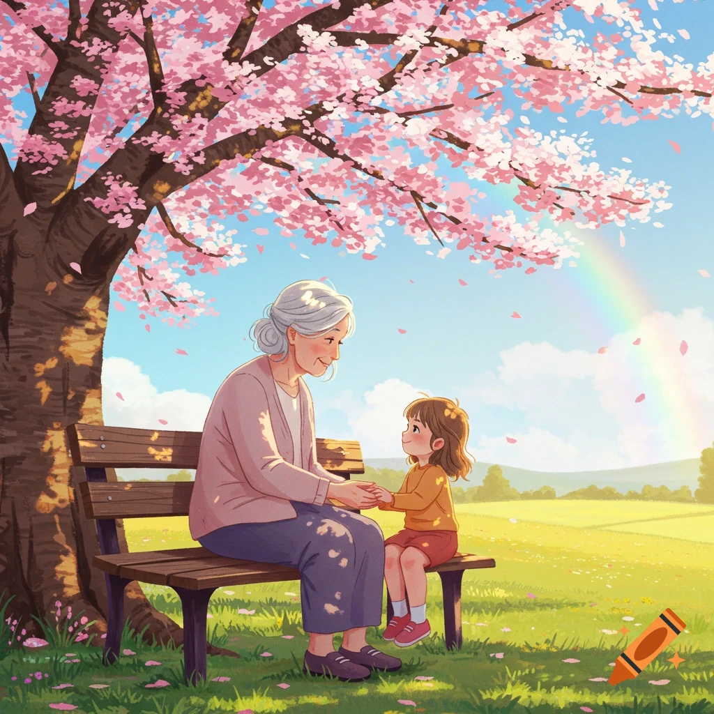 An anime-style illustration of an elderly woman and a small child sitting on a park bench under a cherry blossom tree with a rainbow.