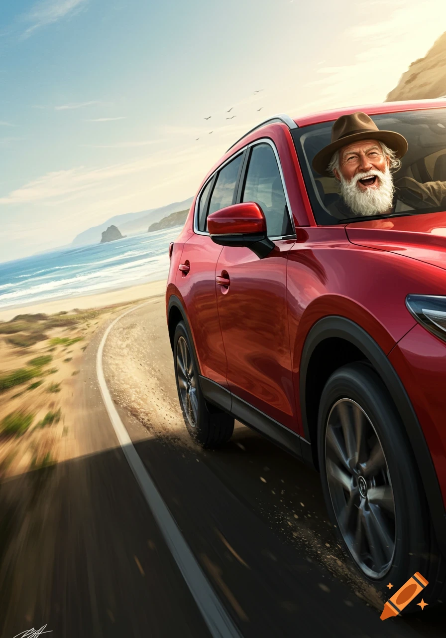A joyful bearded man in a hat drives a red SUV on a coastal road, with the ocean and cliffs in the background under a sunny sky.