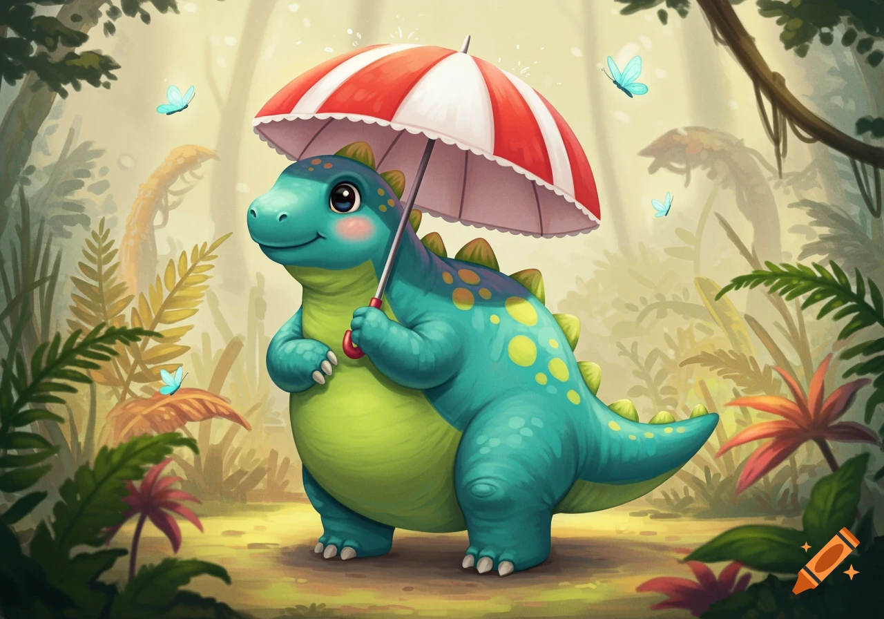 A cute green and blue cartoon dinosaur with yellow spots holding a red and white striped umbrella in a lush jungle with butterflies.