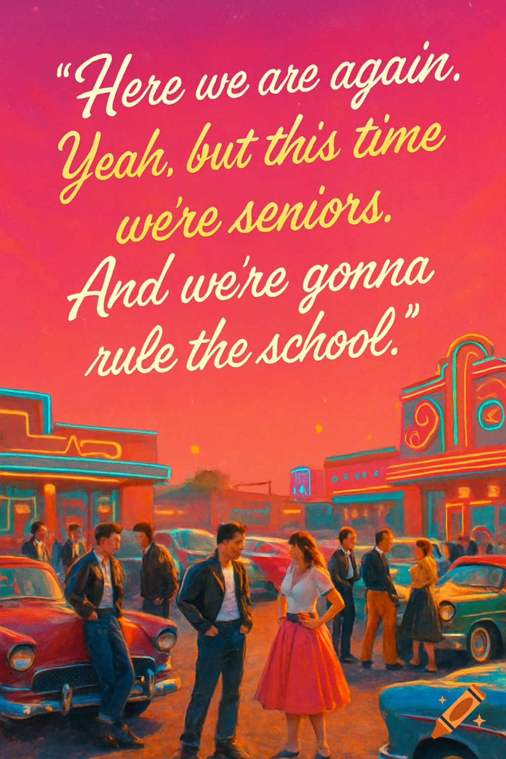 A retro illustration of 1950s teens and cars in a parking lot with neon buildings and quote text.