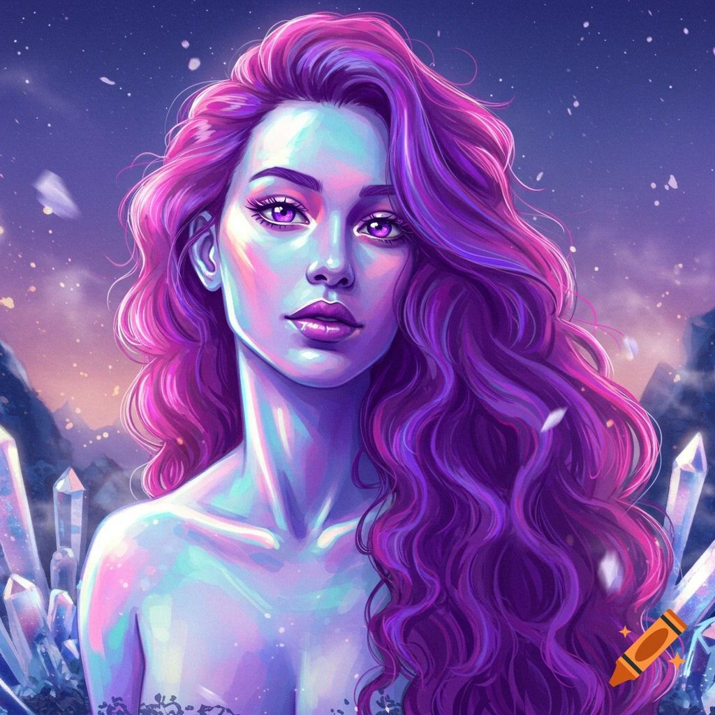 A vibrant digital art portrait of a woman with long violet hair, iridescent skin, and amethyst eyes, surrounded by glowing crystals.
