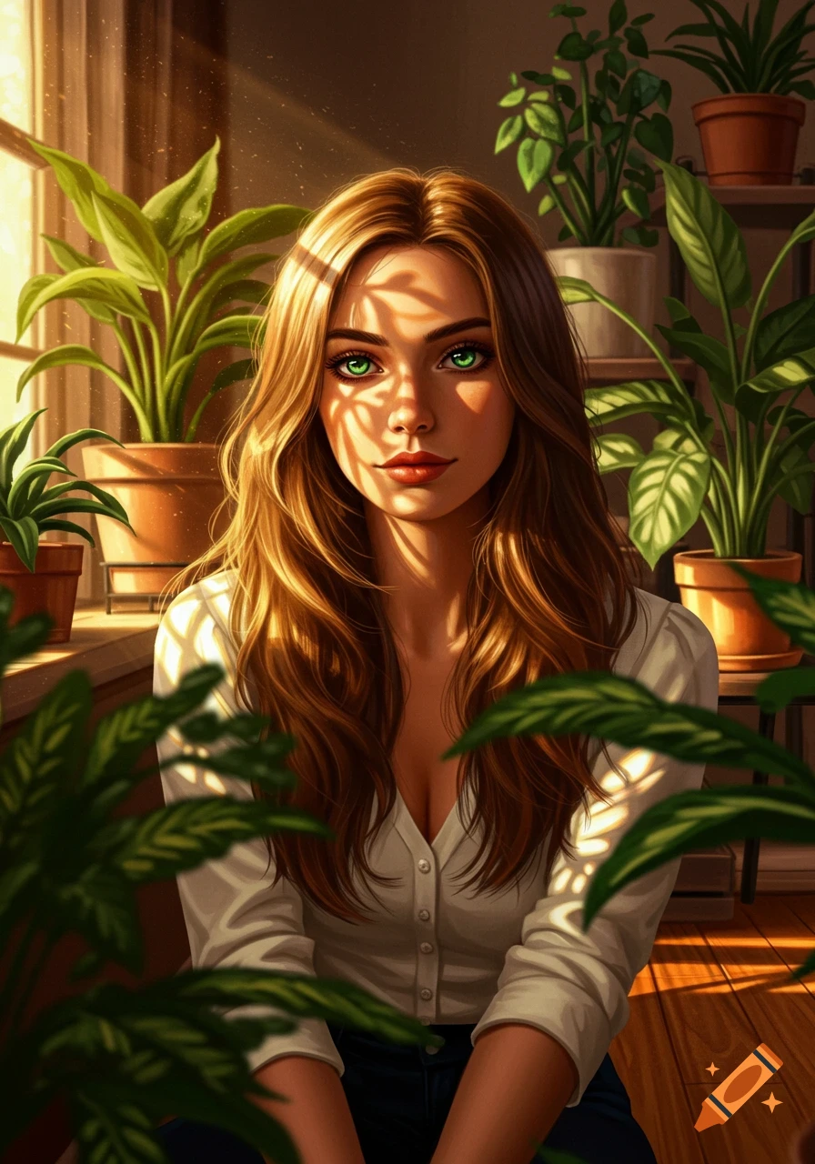 A portrait of a woman with long brown hair and green eyes, sitting among houseplants with sunlight streaming through a window.