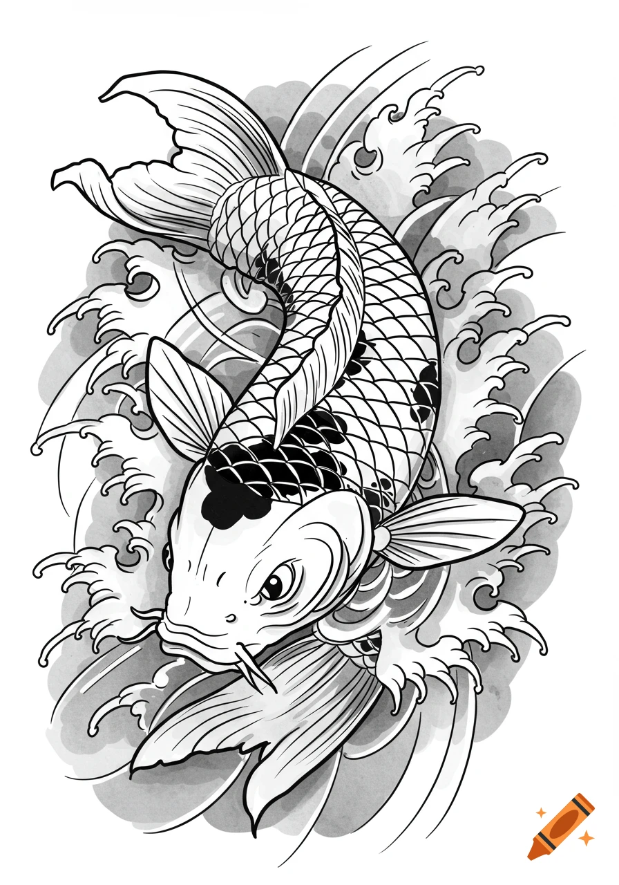 Black and white Japanese style illustration of an angry koi fish swimming amidst waves.