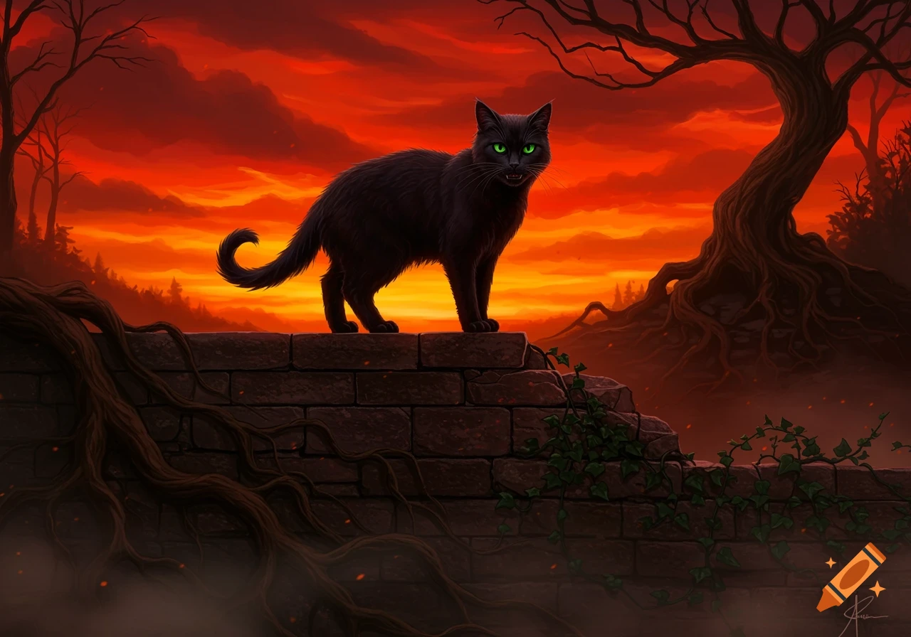 A black cat with glowing green eyes stands on a crumbling brick wall against a dramatic red-orange sunset sky with silhouetted gnarled trees.