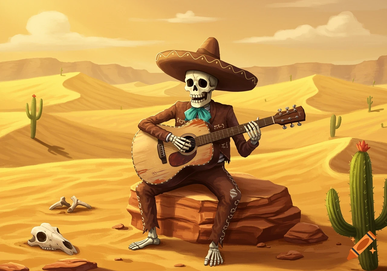 A stylized skeleton in a sombrero and suit plays an acoustic guitar while sitting on a rock in a sandy desert with cacti.