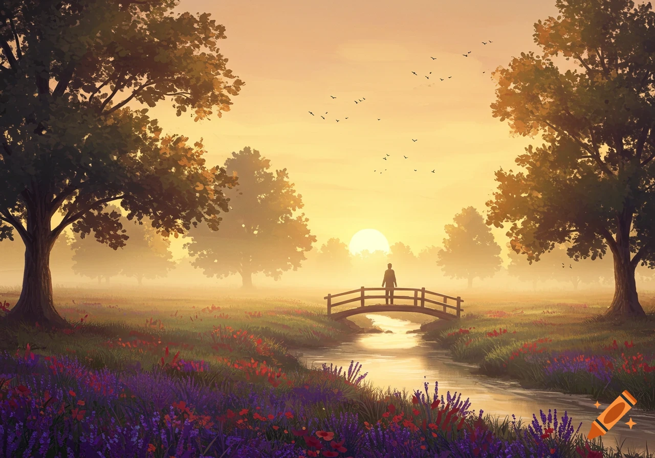Digital painting of a person standing on a wooden bridge over a stream at sunset, surrounded by trees and colorful flowers.