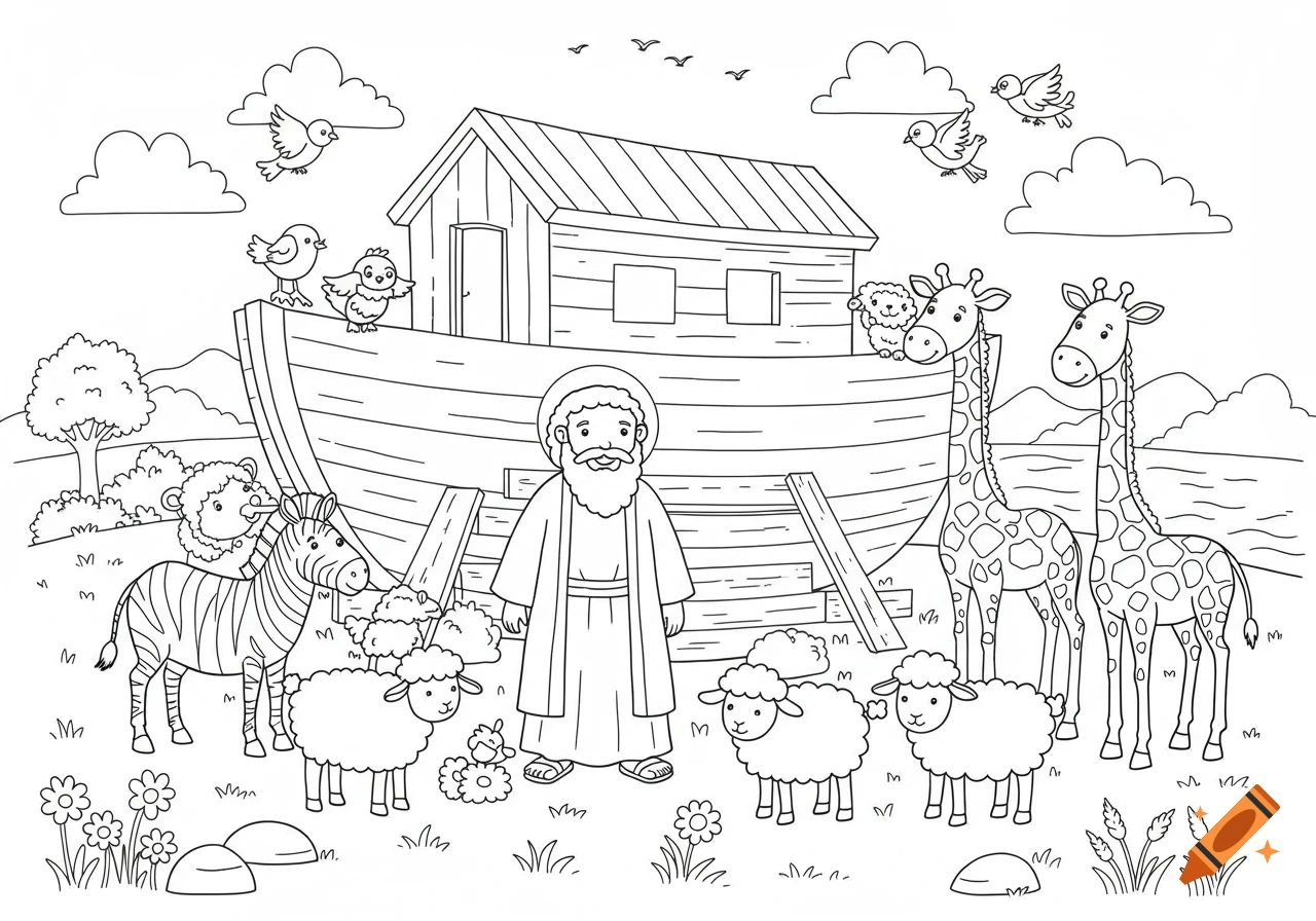 A black and white coloring page of Noah standing in front of Noah's Ark with pairs of animals including zebras, sheep, giraffes, lions, and birds.