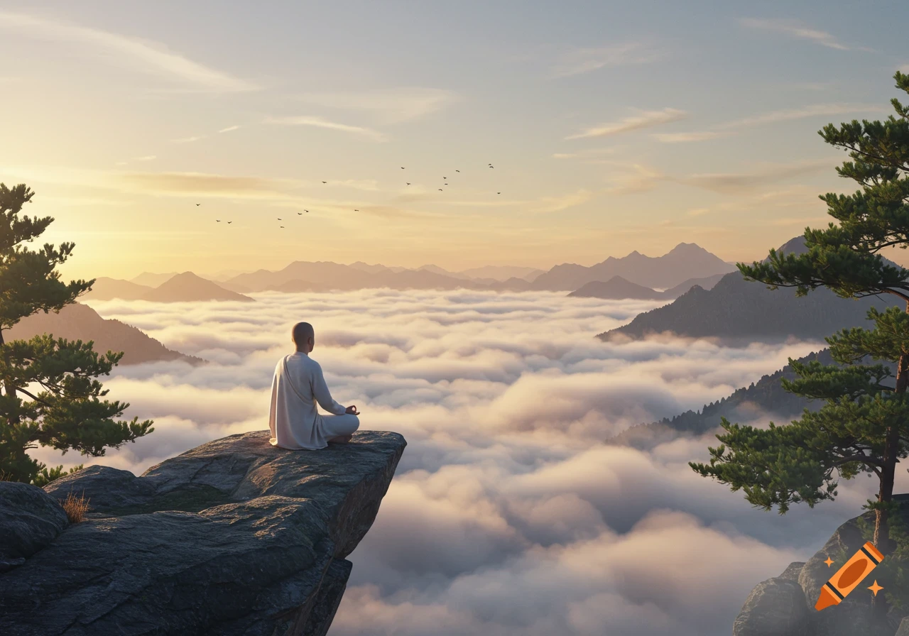 A person meditates in the lotus position on a mountain cliff, overlooking a sea of clouds at sunset. Photorealistic style.
