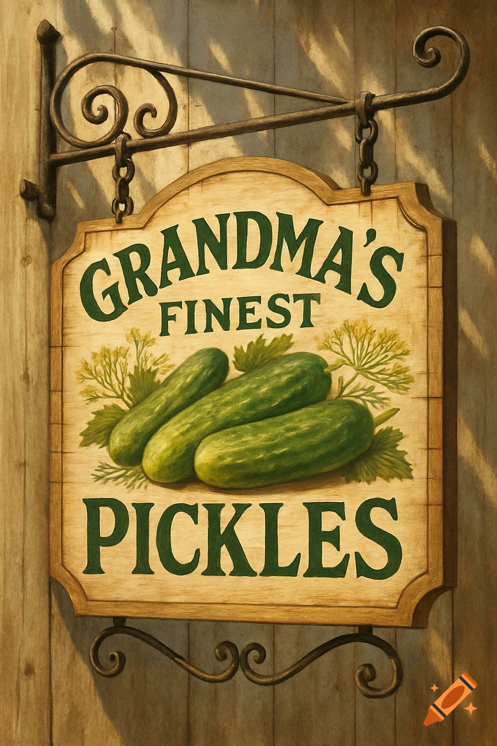 A rustic wooden sign with green text 'Grandma's Finest Pickles' and an illustration of three pickles, hanging on a wooden wall.