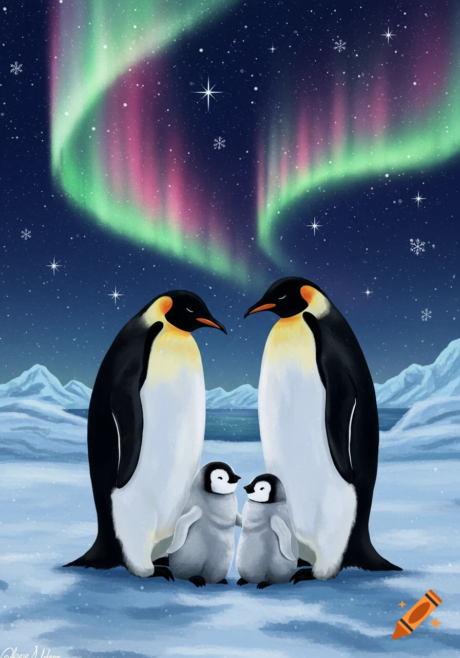 Illustrated family of emperor penguins standing on a snowy landscape under a vibrant green and pink aurora borealis.