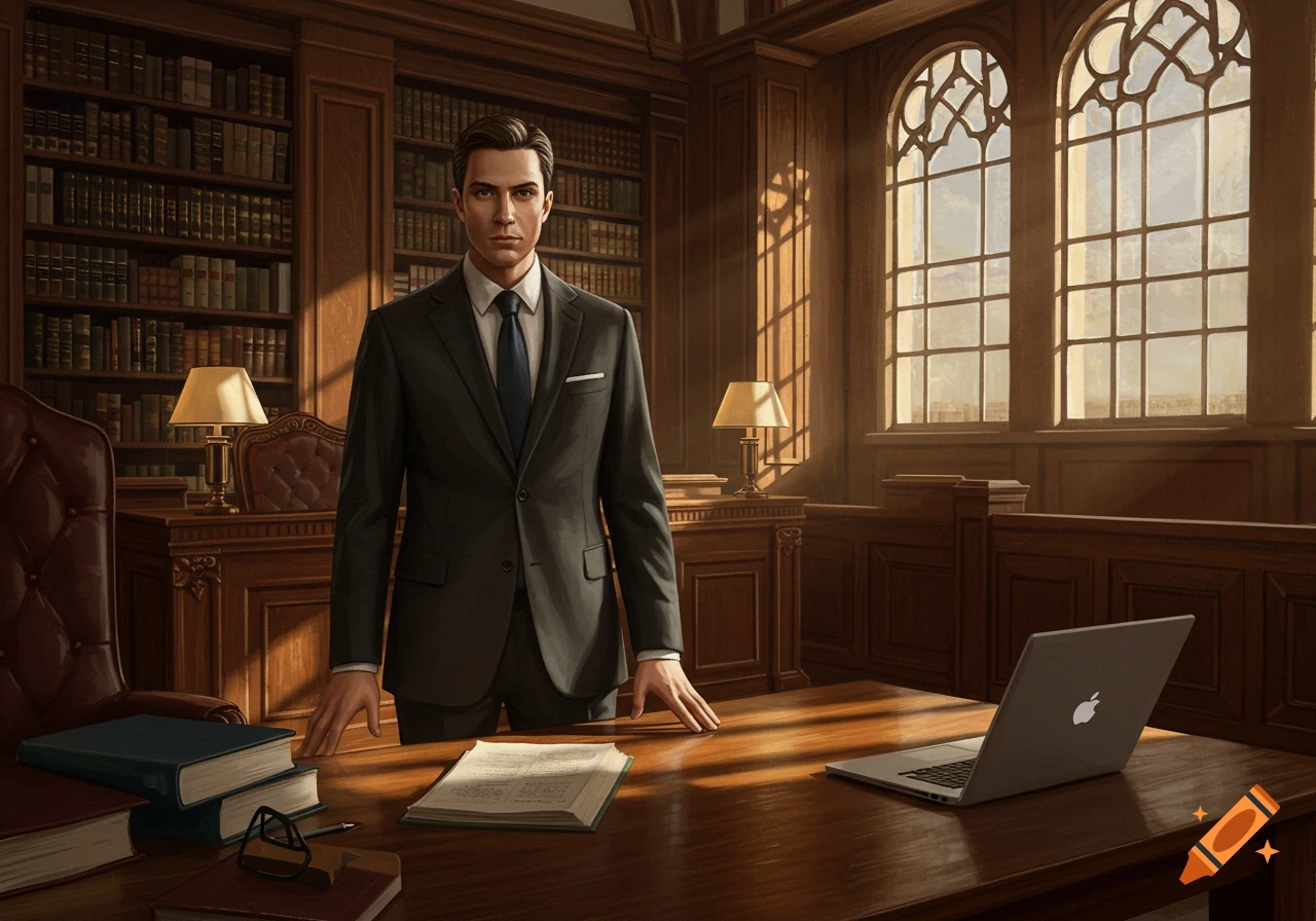 A man in a suit stands behind a large wooden desk in a grand library or office, with bookshelves and arched windows in the background.