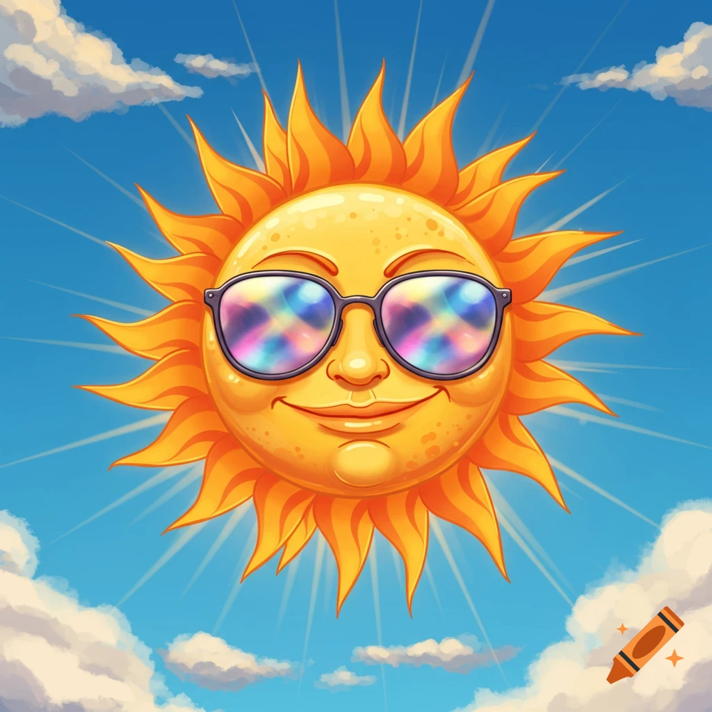 A cartoon sun with a smiling face wears colorful, reflective sunglasses against a bright blue sky with white clouds.