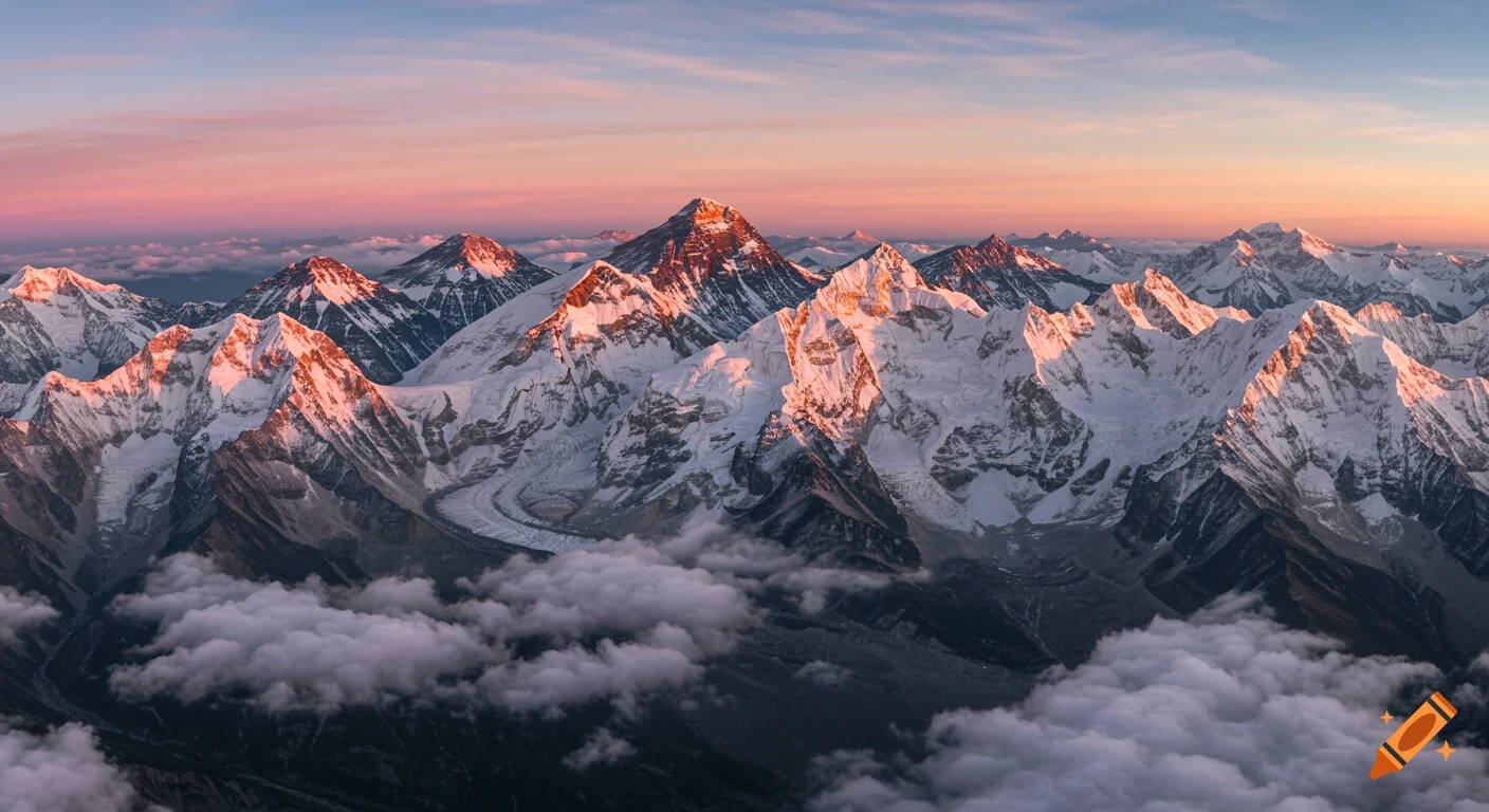 Aerial view of snow-capped Himalayan mountains at sunrise, with Mount Everest prominent among other peaks and clouds below.