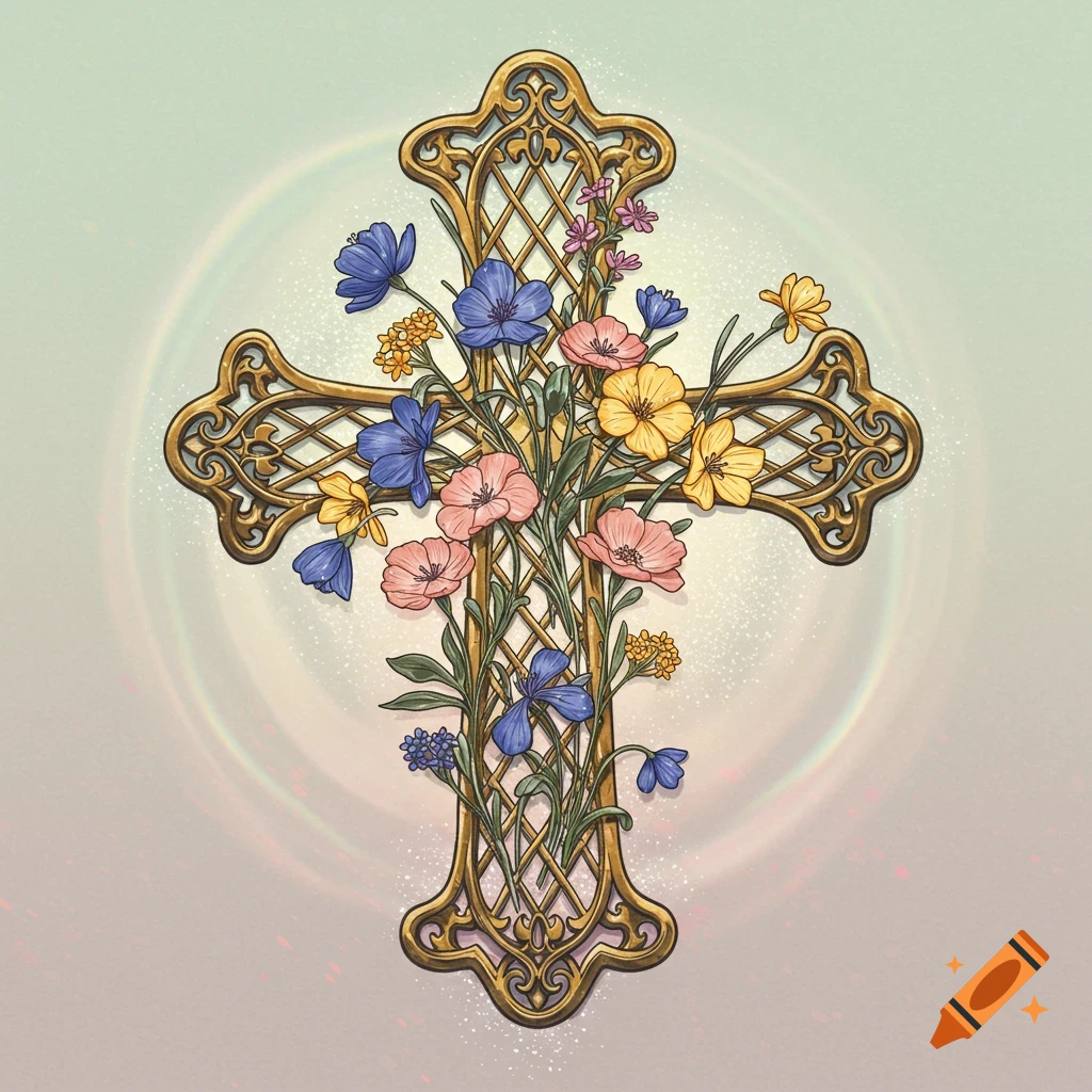 An ornate gold cross adorned with blue, pink, and yellow flowers in an illustrated style.