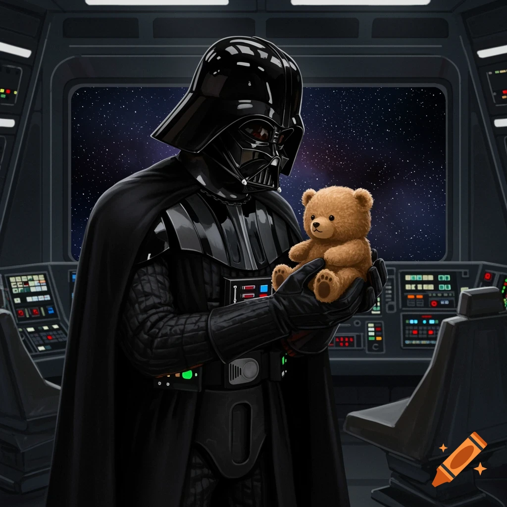 Darth Vader holds a cute teddy bear in a detailed spaceship cockpit, with stars visible outside the window.