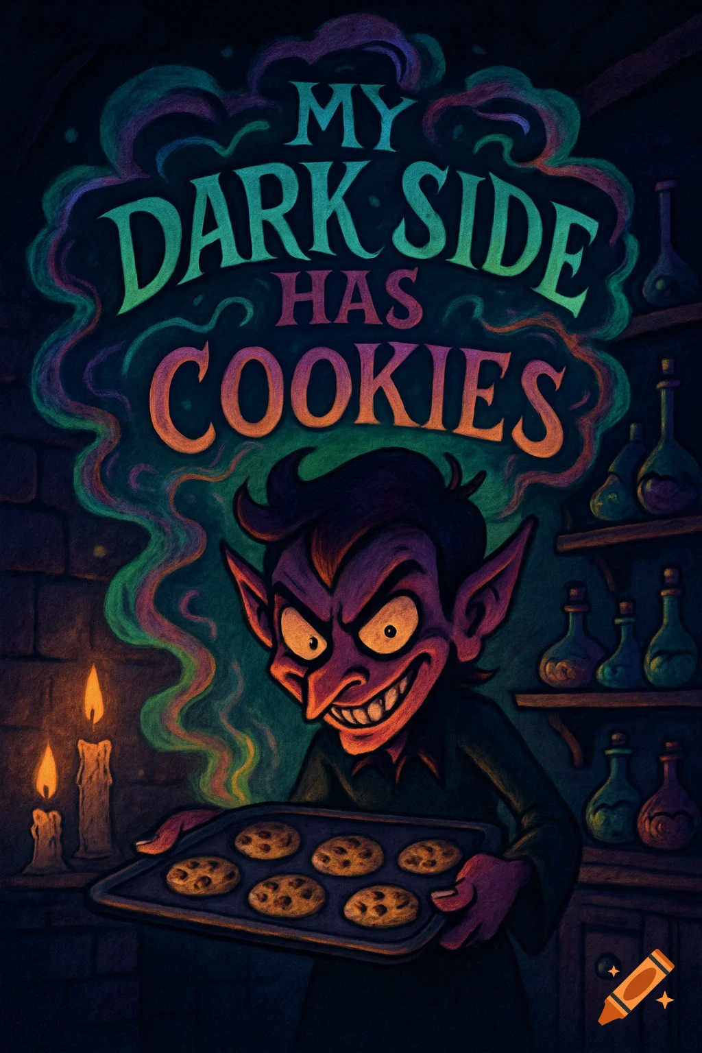 A mischievous cartoon imp or goblin holding a tray of cookies in a dark, potion-filled room with glowing text 'MY DARK SIDE HAS COOKIES'.