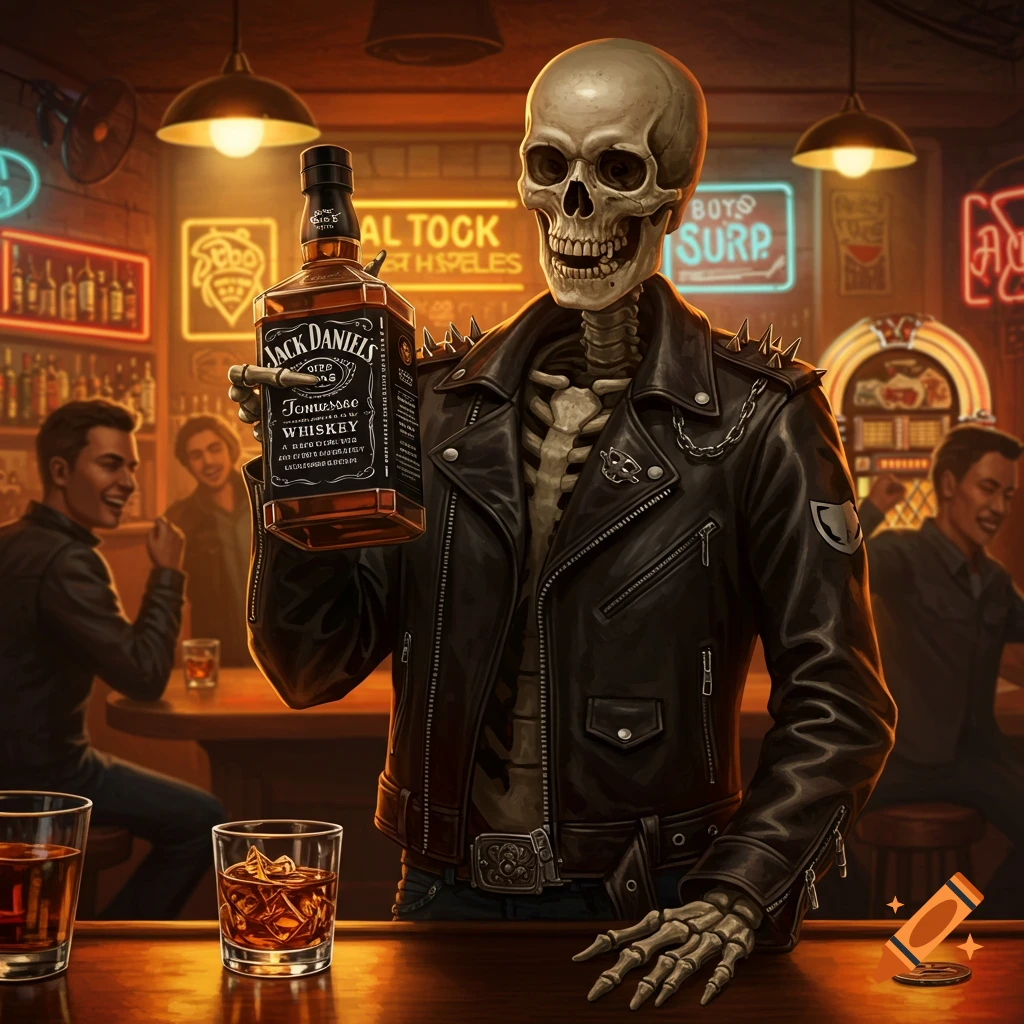 A skeleton in a leather jacket holds a bottle of Jack Daniels whiskey in a dimly lit bar.