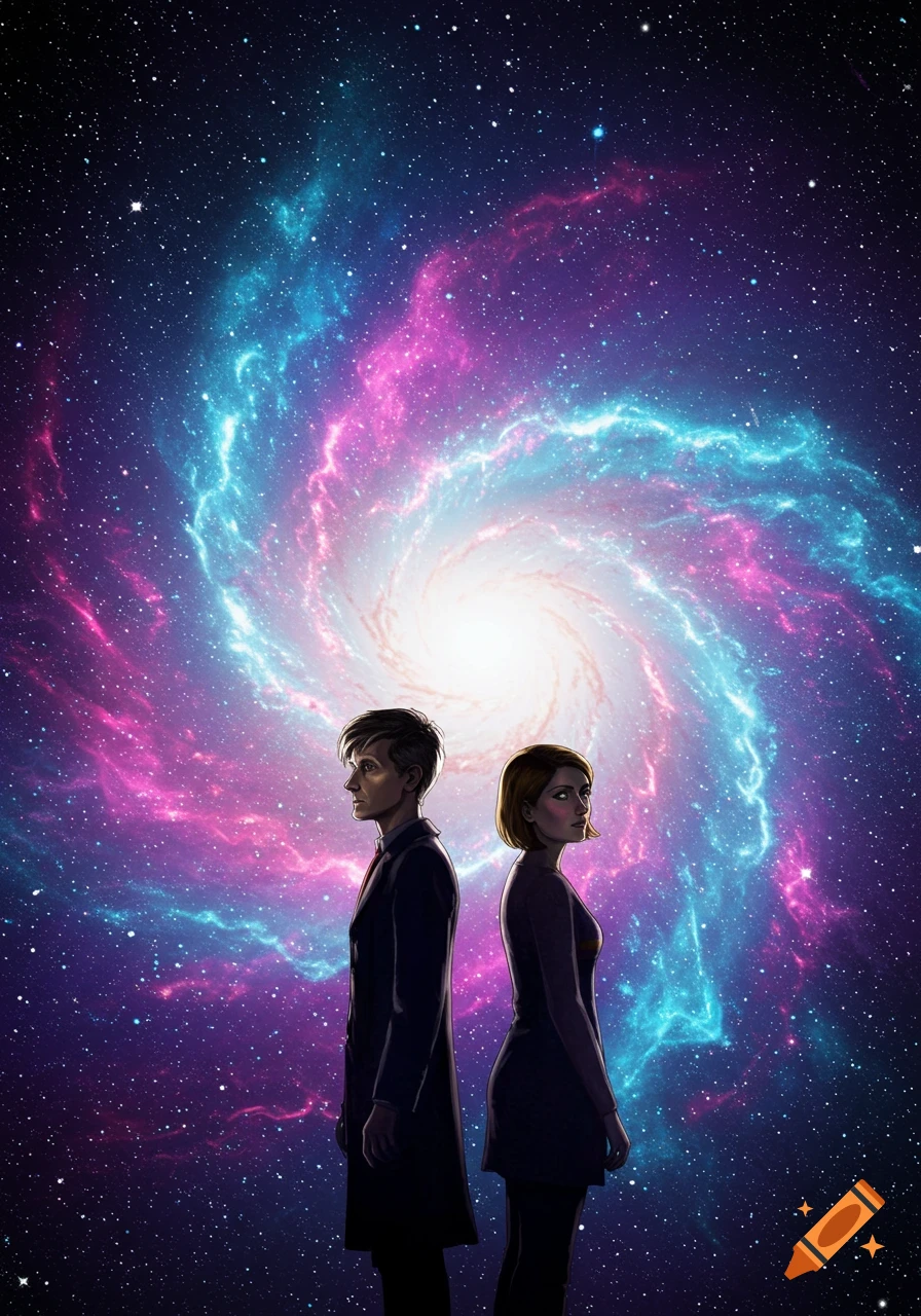 A man in a trench coat and a woman in a dress stand back-to-back against a swirling blue and pink galaxy.