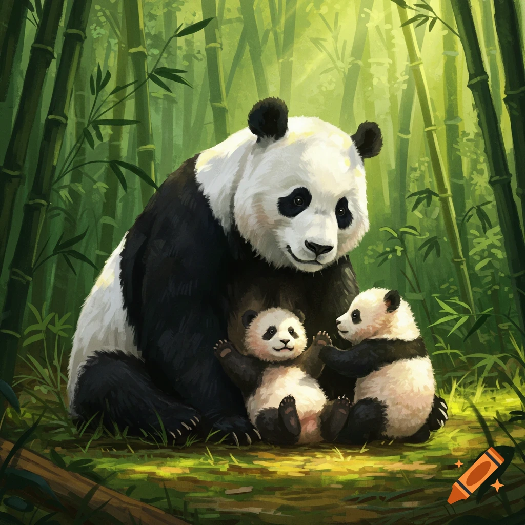 An adult panda sits with two baby pandas in a lush green bamboo forest, illustrated.