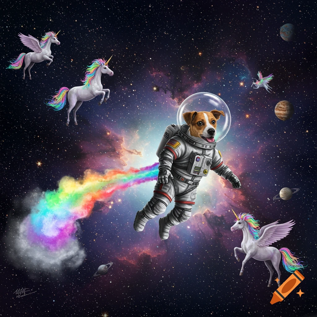 A dog in an astronaut suit floats in space, leaving a rainbow trail, with magical unicorns flying nearby.