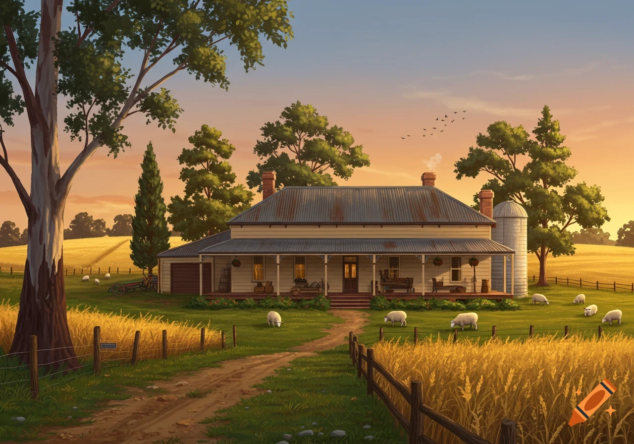 An illustration of a rural Australian farmhouse surrounded by golden fields and trees under a sunset sky, with sheep grazing.