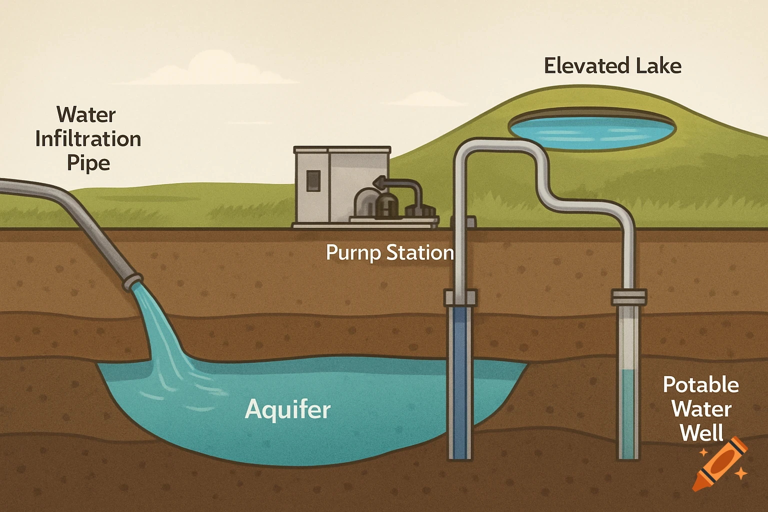 Cartoon diagram of a water system with an aquifer, water infiltration pipe, pump station, and elevated lake.