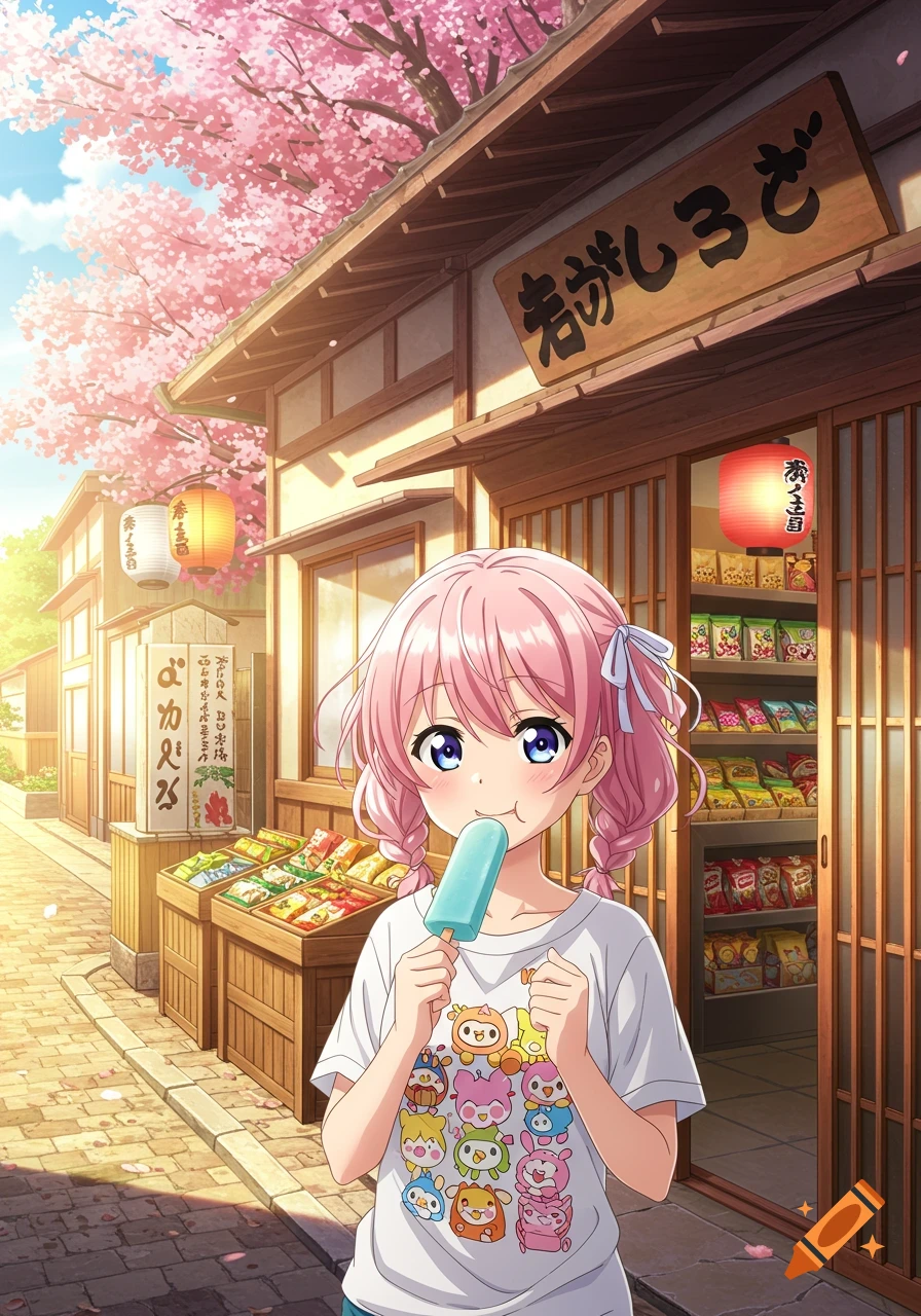 An anime girl with pink braids smiles while eating a blue popsicle outside a traditional Japanese shop with cherry blossoms overhead.