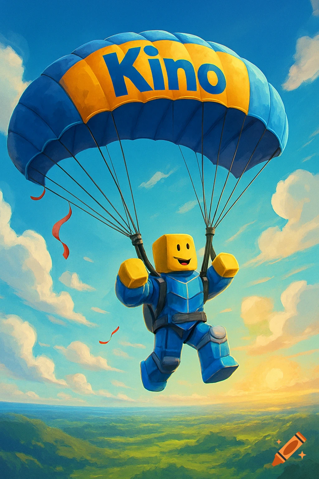 A smiling Roblox character in a blue suit parachutes with a blue and yellow 'Kino' parachute over a green landscape.