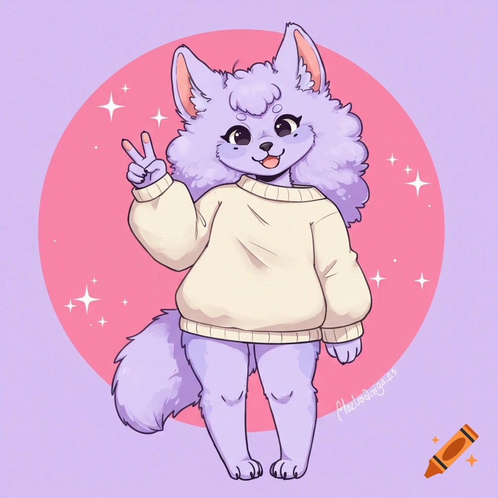 A cute purple furry character, a Pomeranian fursona, wearing an oversized cream sweater, gives a peace sign in front of a pink circle background with sparkles. Cartoon style.