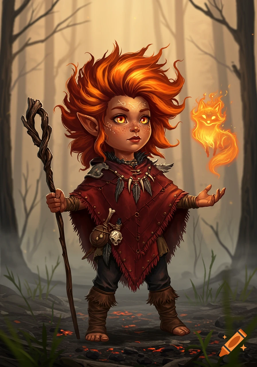 A small fantasy creature with fiery orange hair holds a staff and a glowing fox spirit in a misty forest, stylized fantasy art.