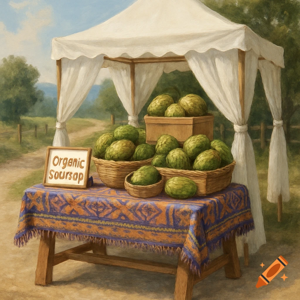 A painterly scene of a white tent covering a wooden produce stand with baskets of green soursop fruits and an 'Organic Soursop' sign on a patterned tablecloth.