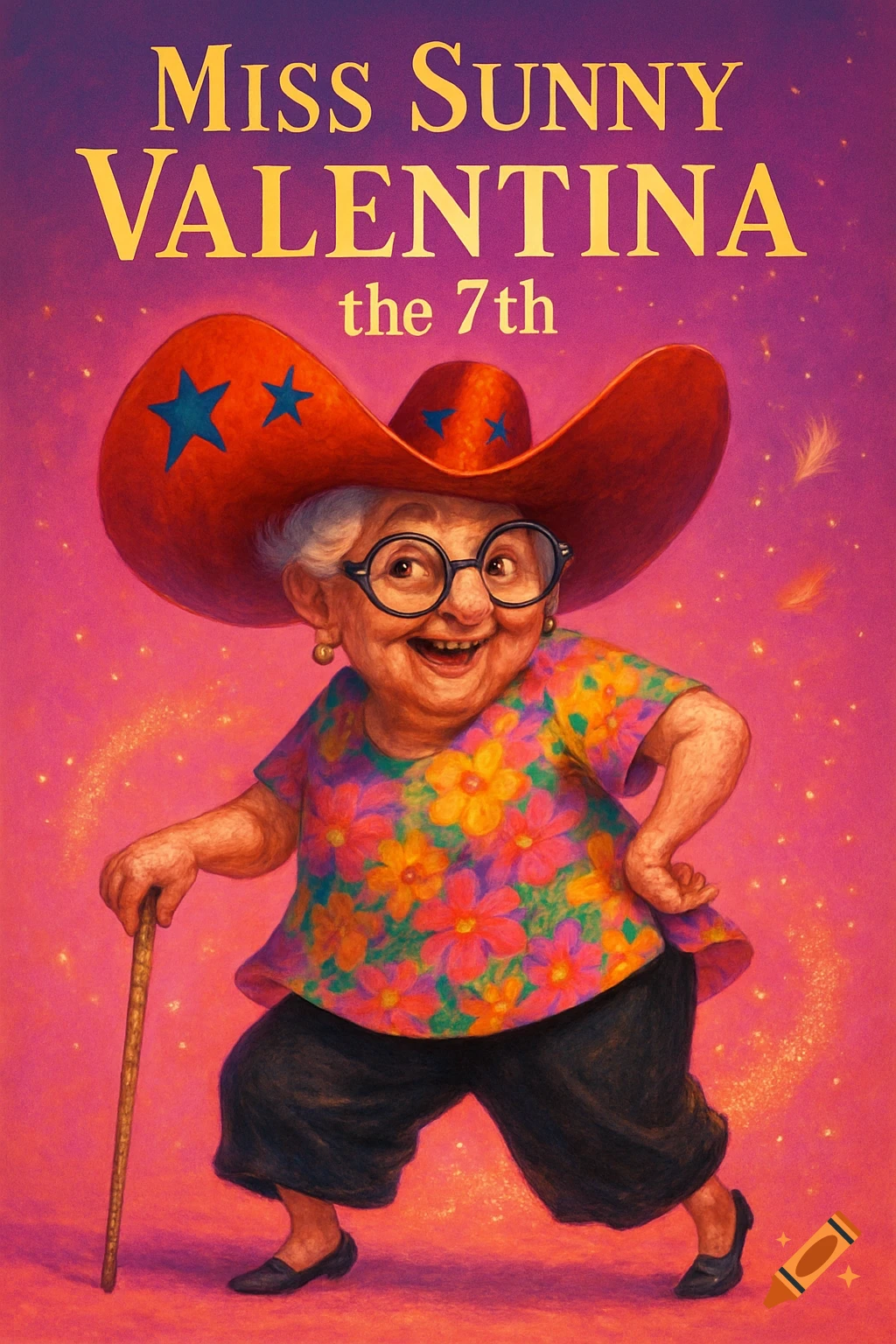 Whimsical illustration of an elderly woman, Miss Sunny Valentina, in a red cowboy hat, floral shirt, and glasses, holding a cane.