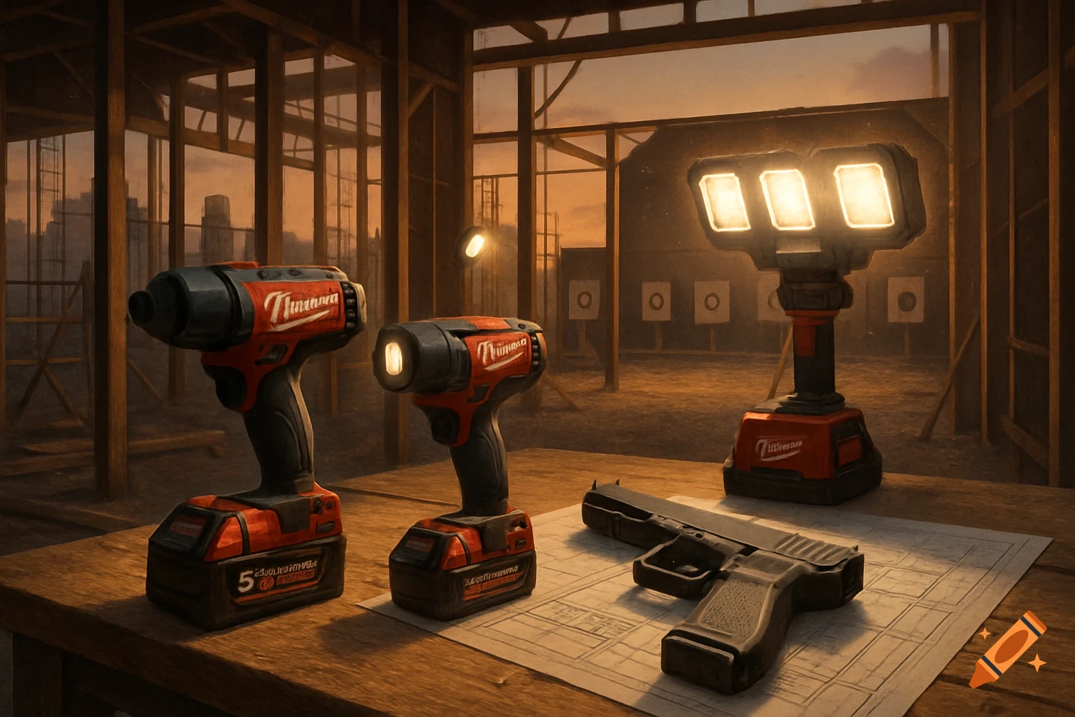 A Glock pistol and Milwaukee-style drills and a work light on a wooden table, with a construction site and shooting range targets in the background.