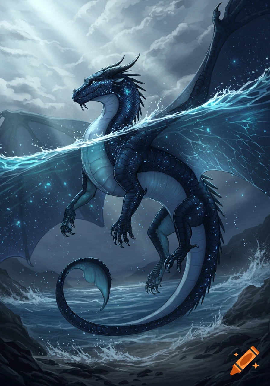 A majestic dark blue and teal dragon, covered in glowing specks, emerges from the crashing ocean waves under a cloudy sky.