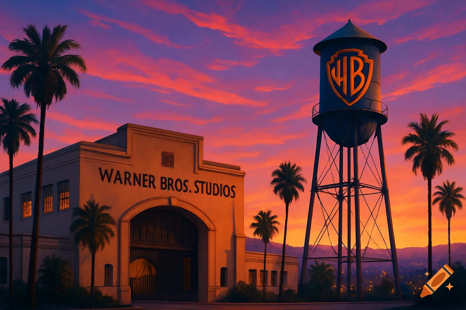 The Warner Bros. Studios main building and water tower stand against a vibrant orange and purple sunset sky with palm trees.