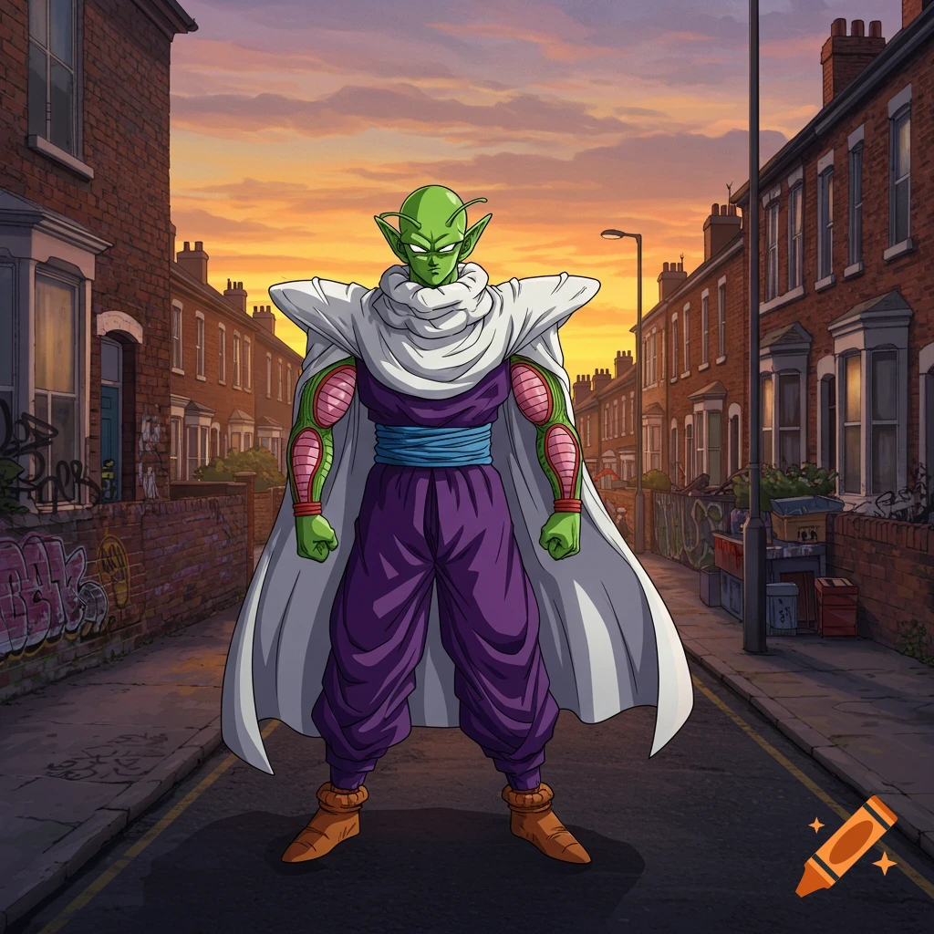 Piccolo from Dragon Ball stands in the middle of a street lined with brick houses at sunset, in an anime style.