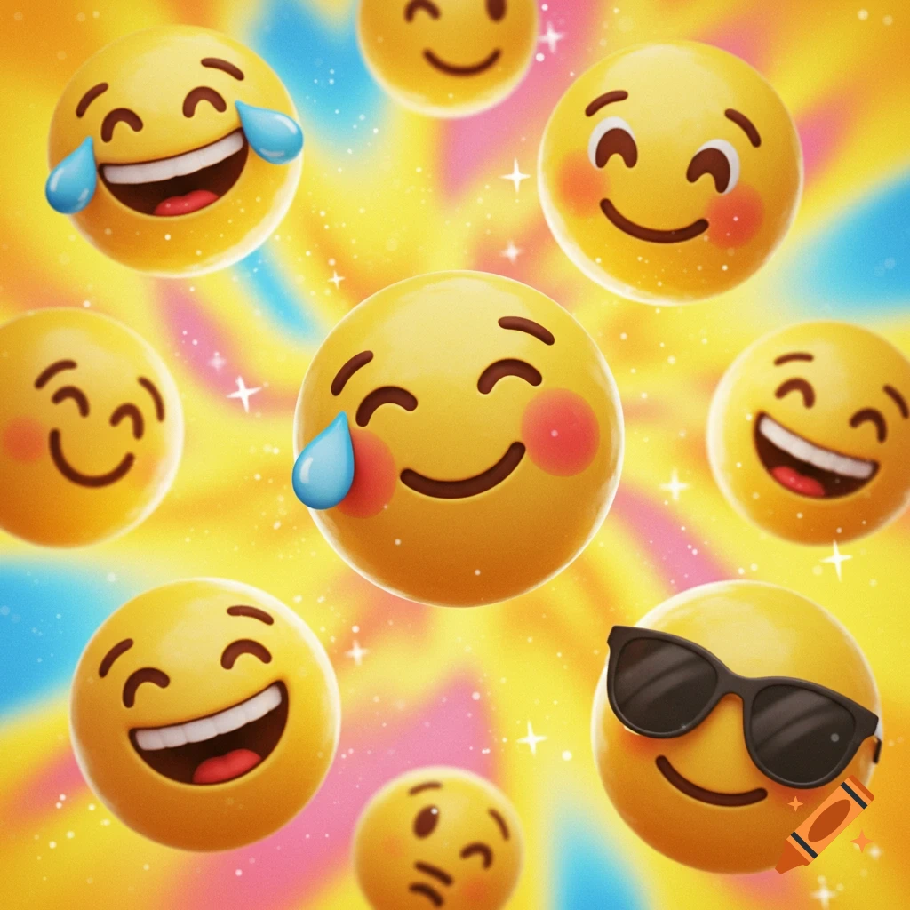 A vibrant image of various yellow 3D emojis expressing different emotions, floating on a colorful swirling background.
